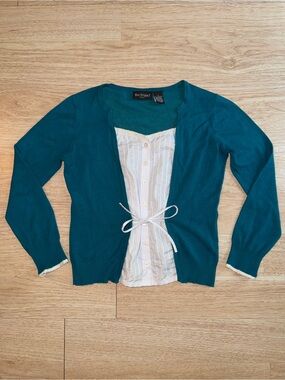 Bay Studio Teal Knit Cardigan with Cream Button-Front Inset